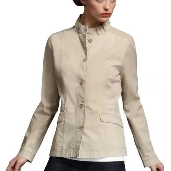 Eileen Fisher | Beige Ruffle Collar Utility Jacket, Large Petite - Picture 2 of 12